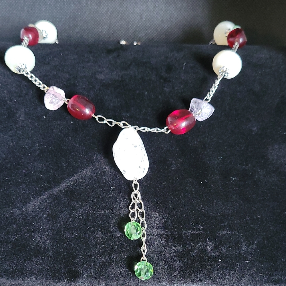 Chic Beaded Necklace with Red, White, and Green Accents